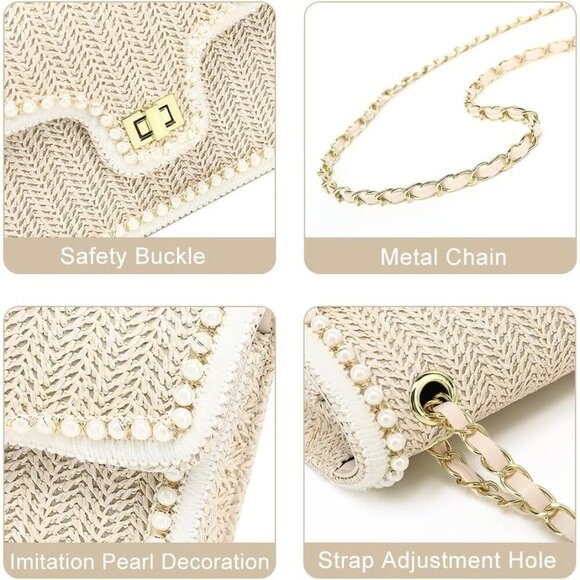 Straw Crossbody Bag Women Pearl Summer Beach Purse Elegant Boho Woven